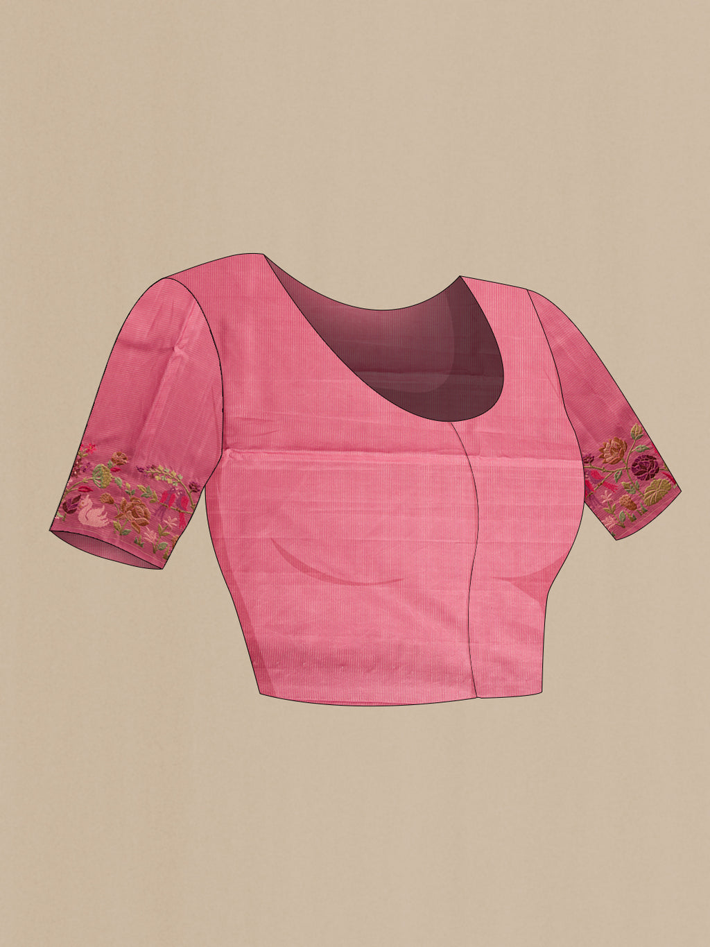 Close up image of the blouse of Pink Kanchipuram Silk Saree with Zari Brocade on the body and Embroidery Border. 