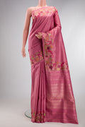 Pink Kanchipuram Silk Saree with Zari Brocade on the body and Embroidery Border.  displayed on a mannequin