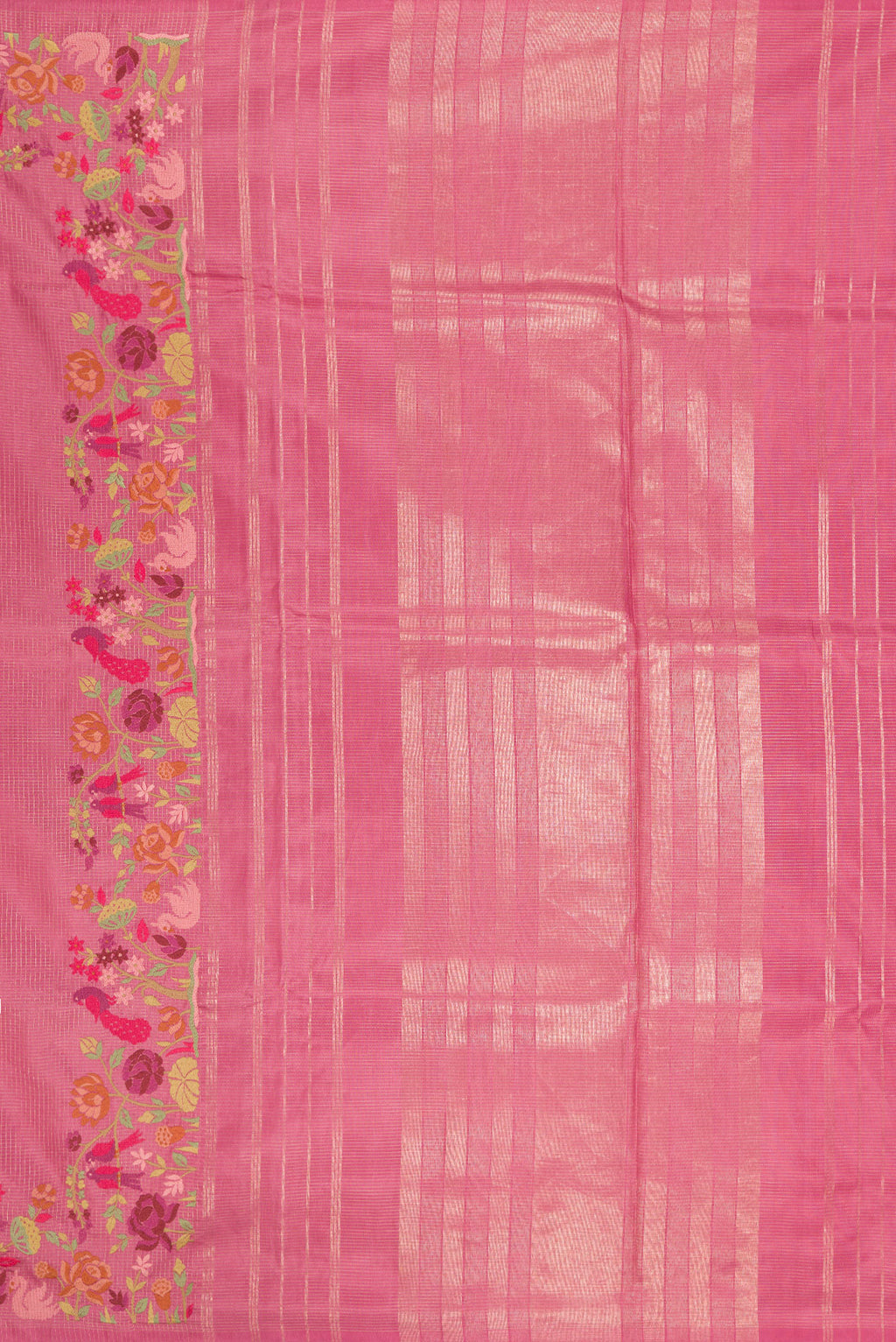Close up image of the pallu of Pink Kanchipuram Silk Saree with Zari Brocade on the body and Embroidery Border. 