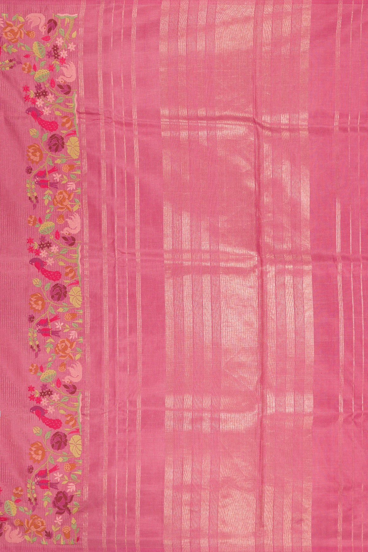 Close up image of the pallu of Pink Kanchipuram Silk Saree with Zari Brocade on the body and Embroidery Border. 