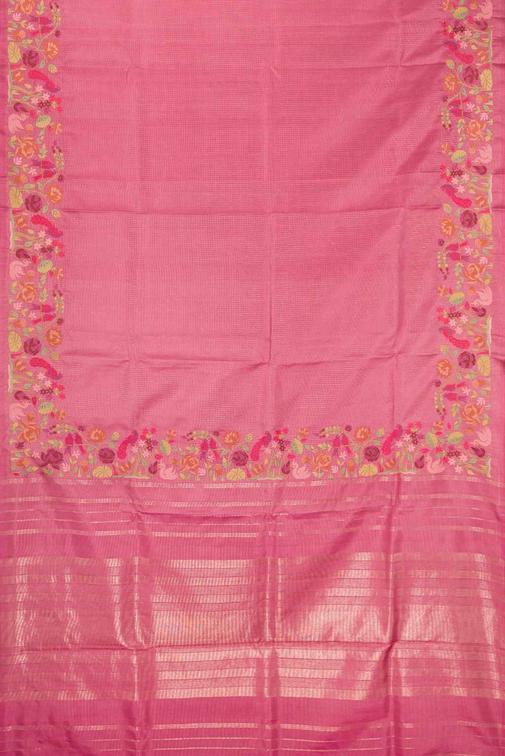 Flat view of Pink Kanchipuram Silk Saree with Zari Brocade on the body and Embroidery Border. 