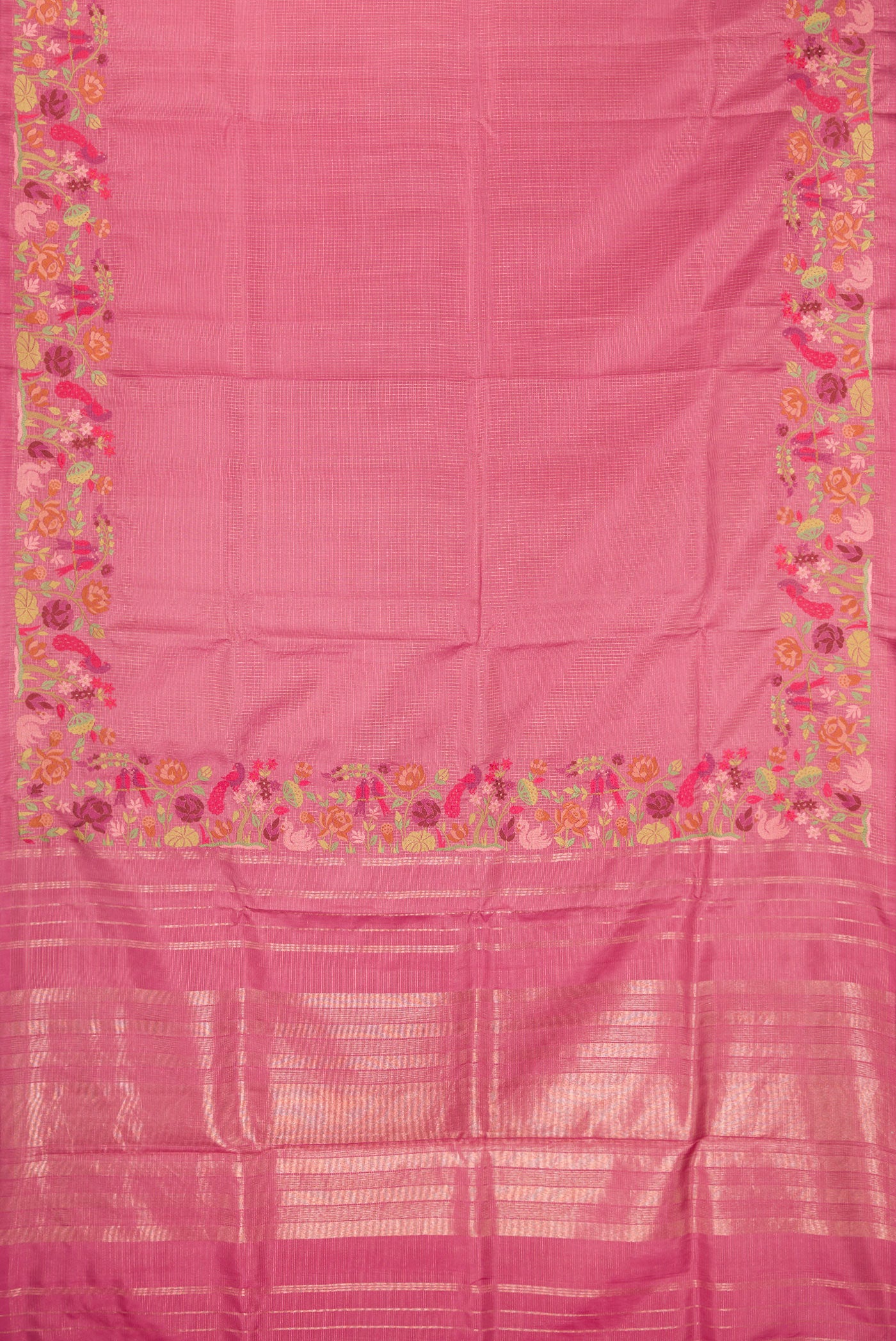 Flat view of Pink Kanchipuram Silk Saree with Zari Brocade on the body and Embroidery Border. 