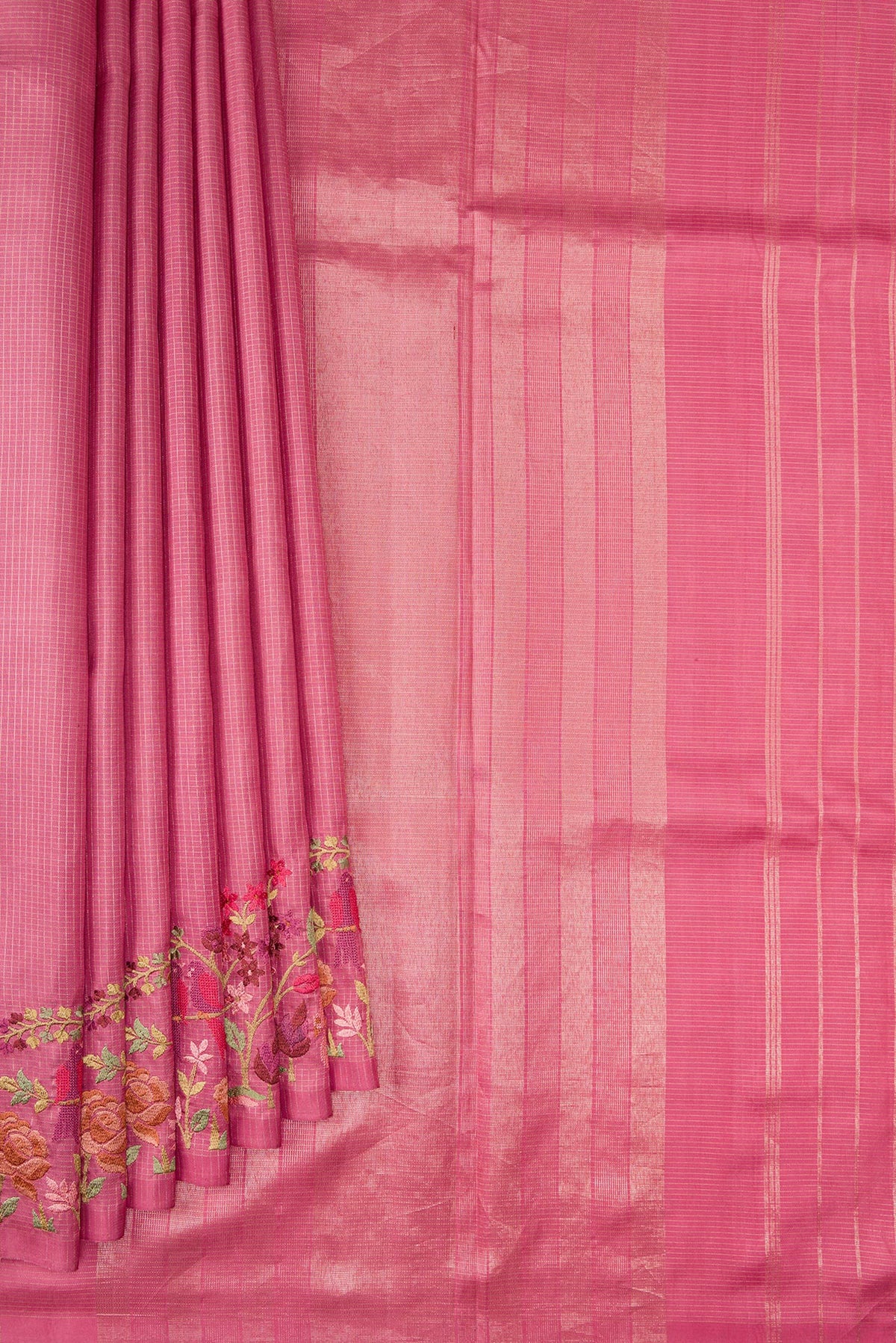 Pleats and pallu of Pink Kanchipuram Silk Saree with Zari Brocade on the body and Embroidery Border. 