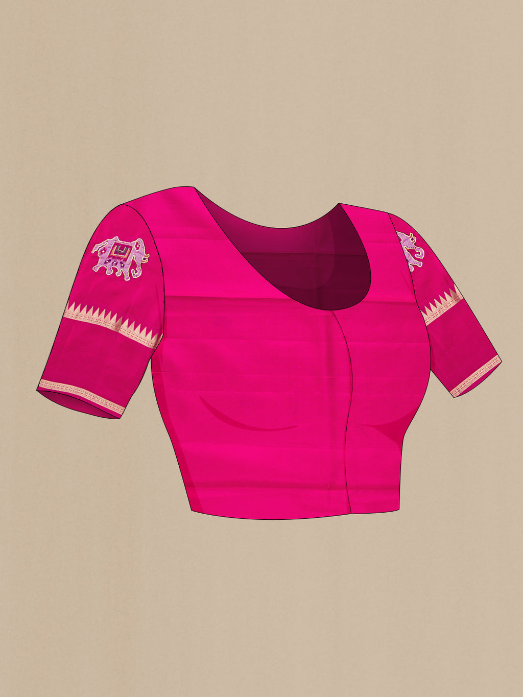 Close up image of the blouse of Rose pink Kanchipuram Silk Saree with Stripes on the body and Fancy Border. 