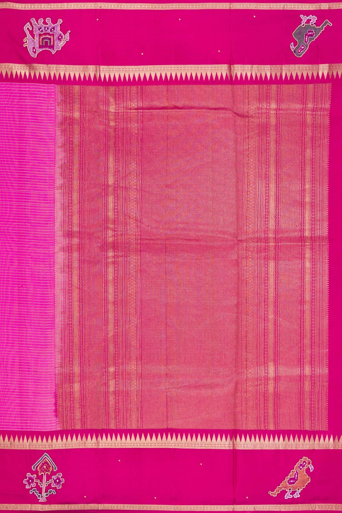 Close up image of the pallu of Rose pink Kanchipuram Silk Saree with Stripes on the body and Fancy Border. 