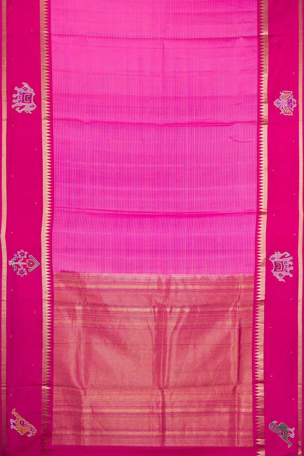 Flat view of Rose pink Kanchipuram Silk Saree with Stripes on the body and Fancy Border. 