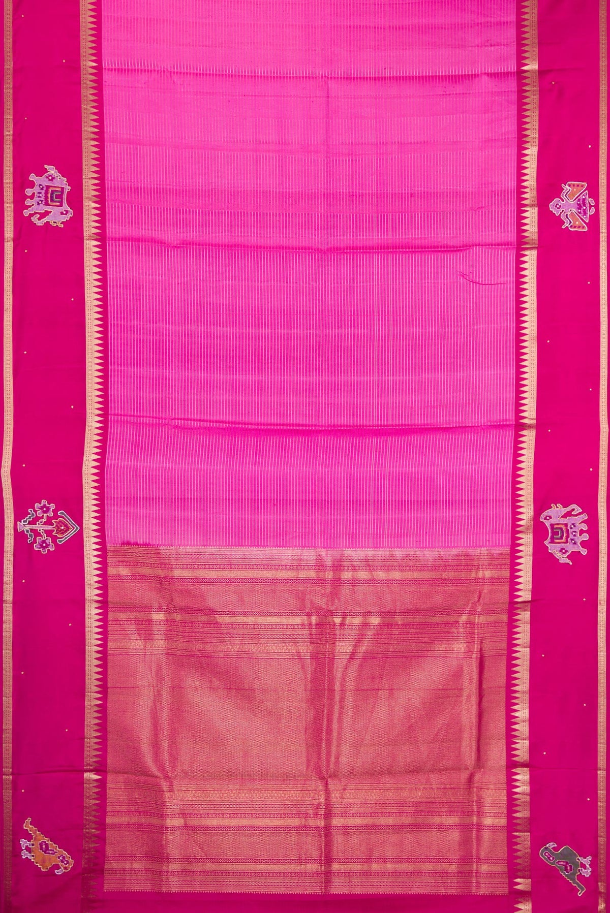 Flat view of Rose pink Kanchipuram Silk Saree with Stripes on the body and Fancy Border. 