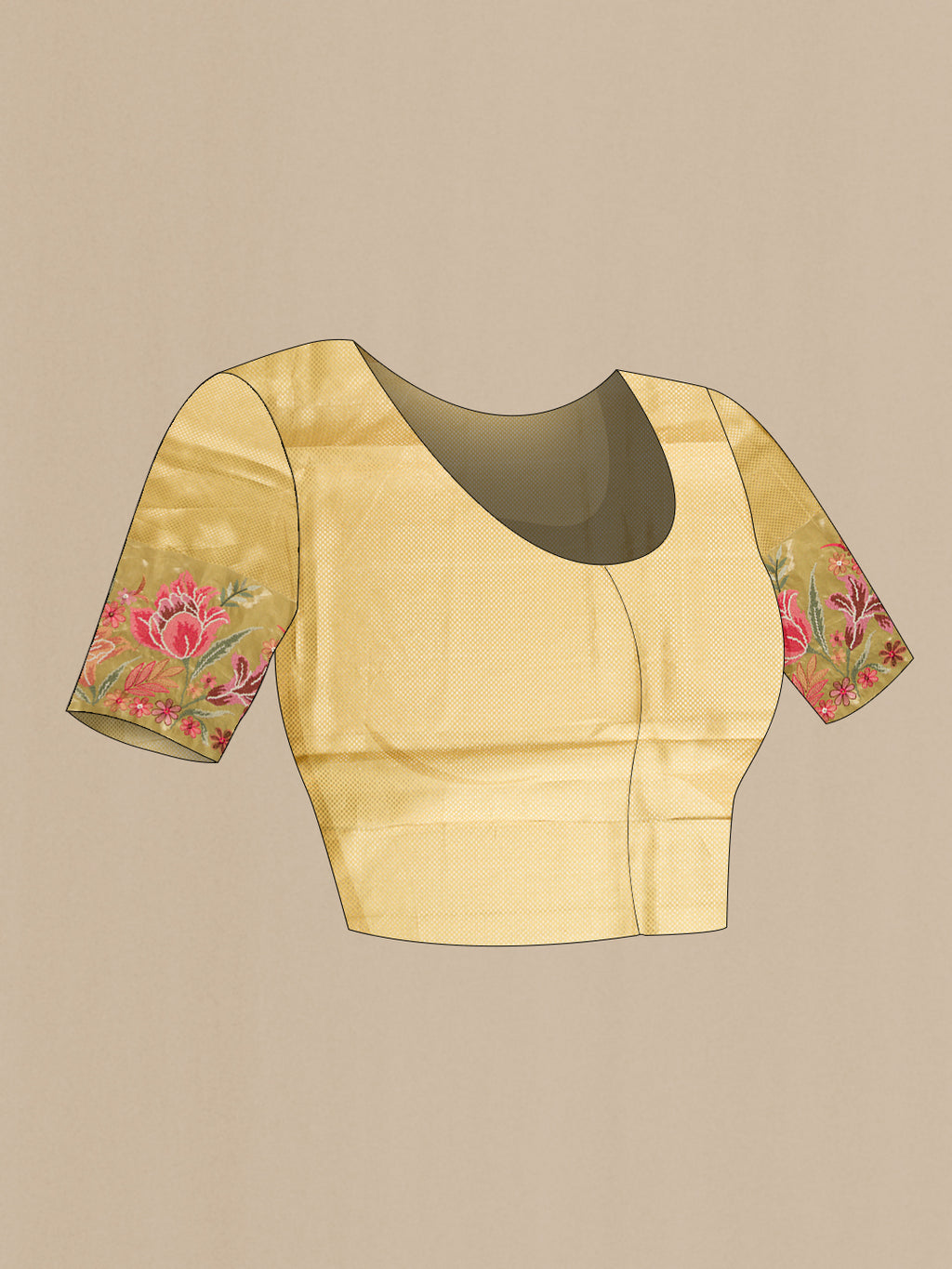 Close up image of the blouse of Sandal Dual Tone Kanchipuram Silk Saree with Zari Brocade on the body and Embroidery Border. 