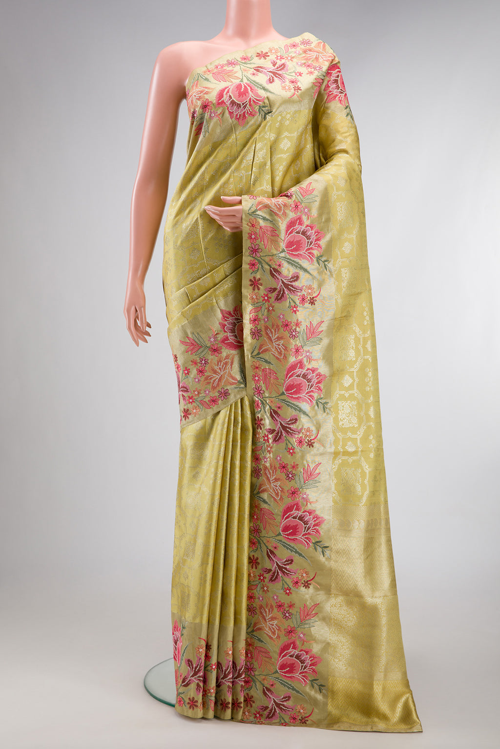 Sandal Dual Tone Kanchipuram Silk Saree with Zari Brocade on the body and Embroidery Border.  displayed on a mannequin