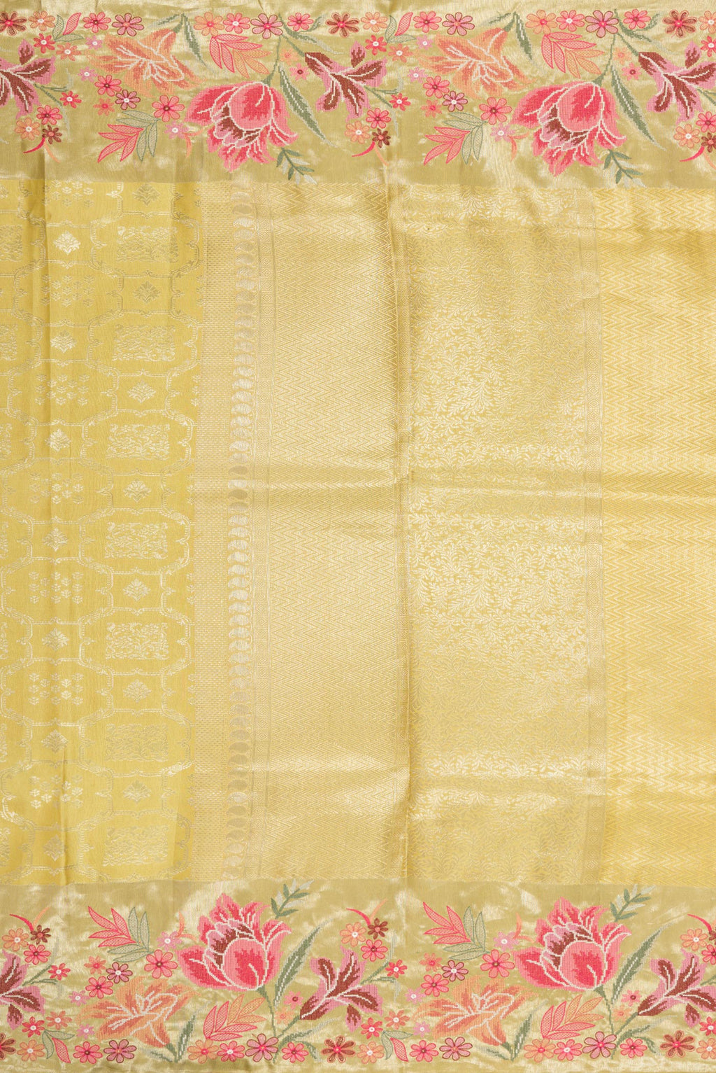 Close up image of the pallu of Sandal Dual Tone Kanchipuram Silk Saree with Zari Brocade on the body and Embroidery Border. 