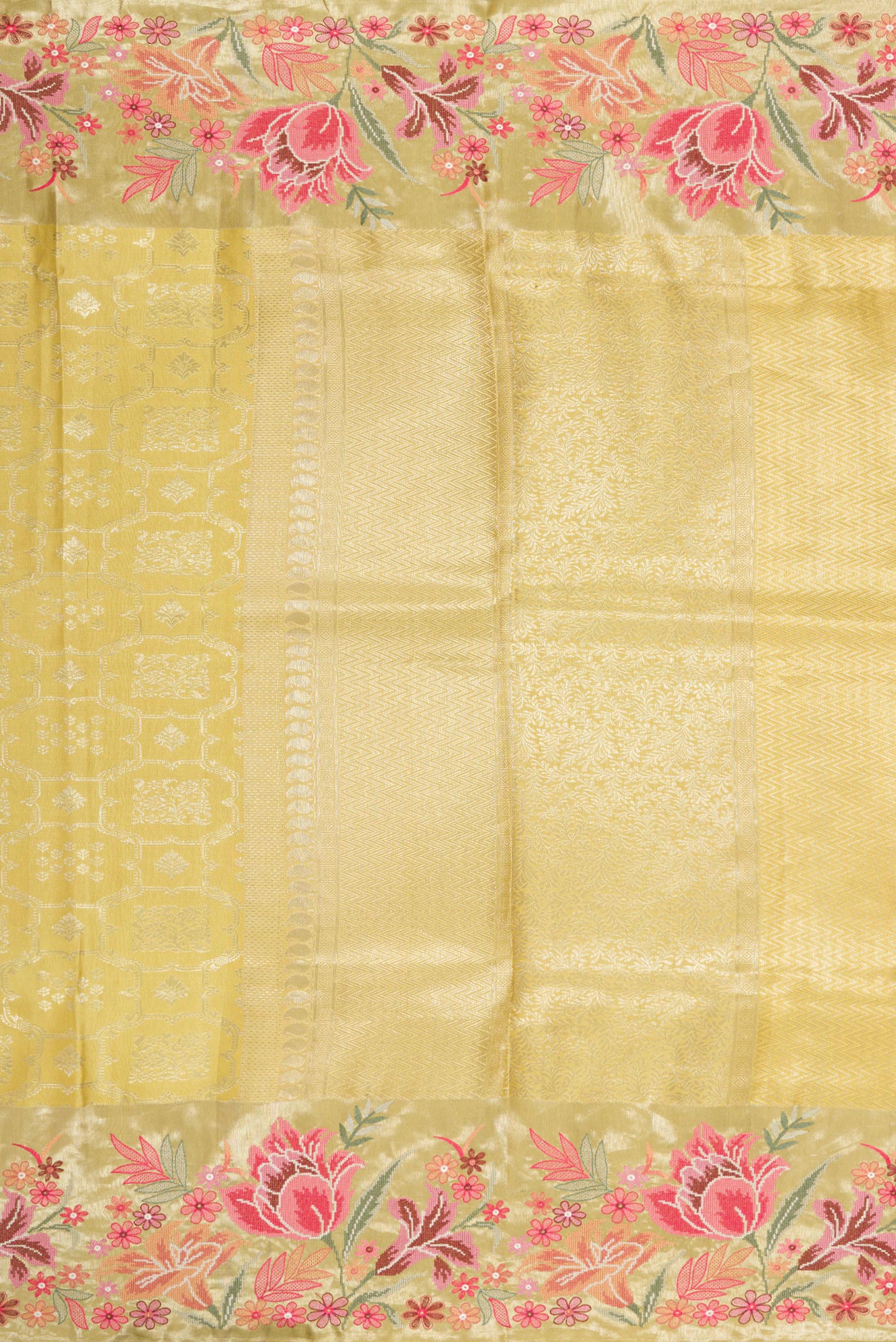 Close up image of the pallu of Sandal Dual Tone Kanchipuram Silk Saree with Zari Brocade on the body and Embroidery Border. 