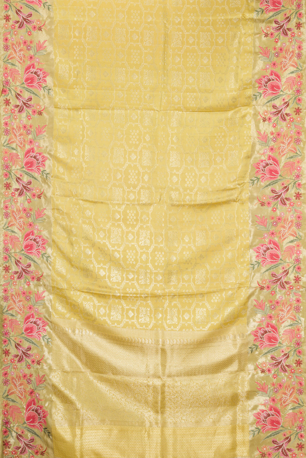 Flat view of Sandal Dual Tone Kanchipuram Silk Saree with Zari Brocade on the body and Embroidery Border. 