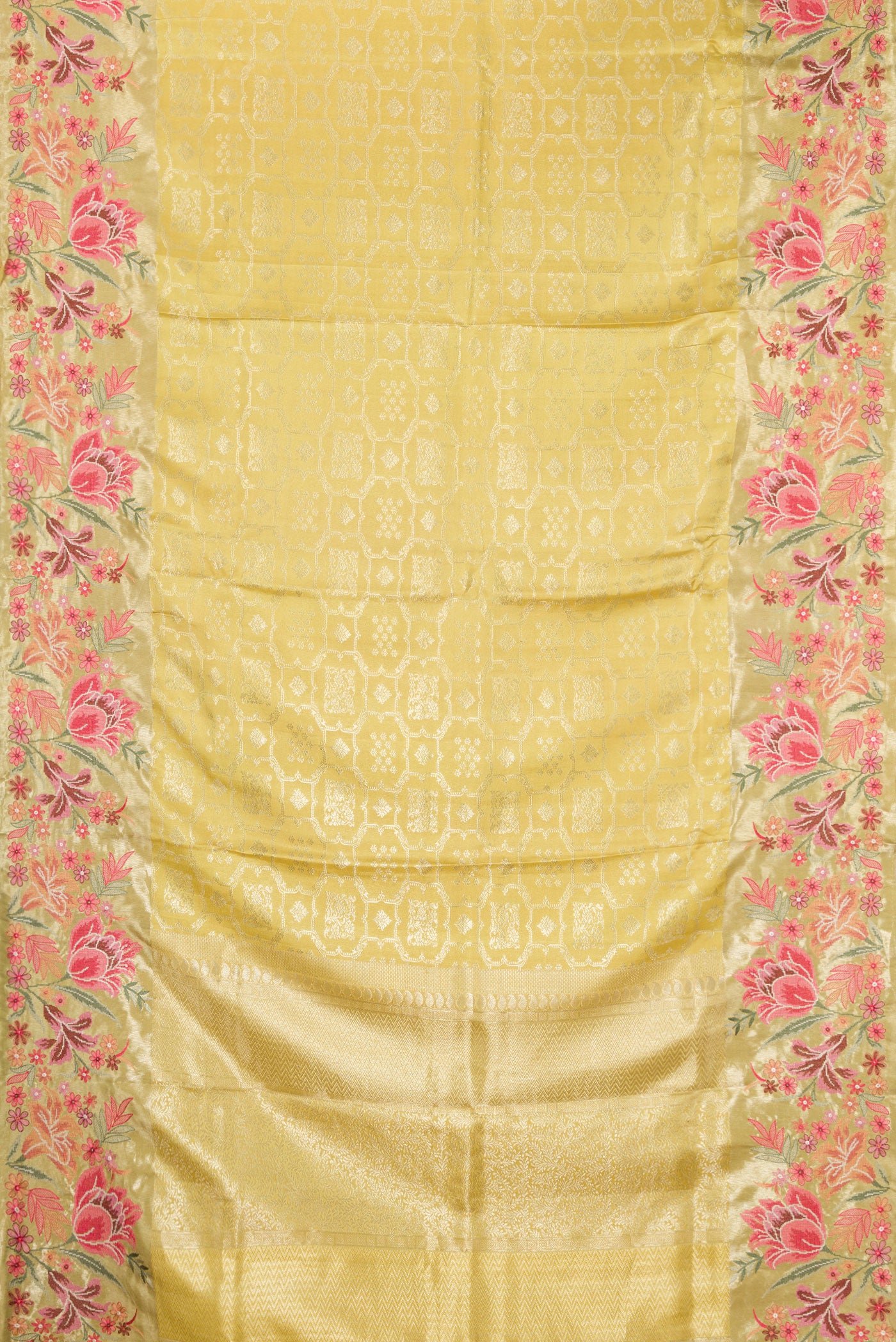 Flat view of Sandal Dual Tone Kanchipuram Silk Saree with Zari Brocade on the body and Embroidery Border. 