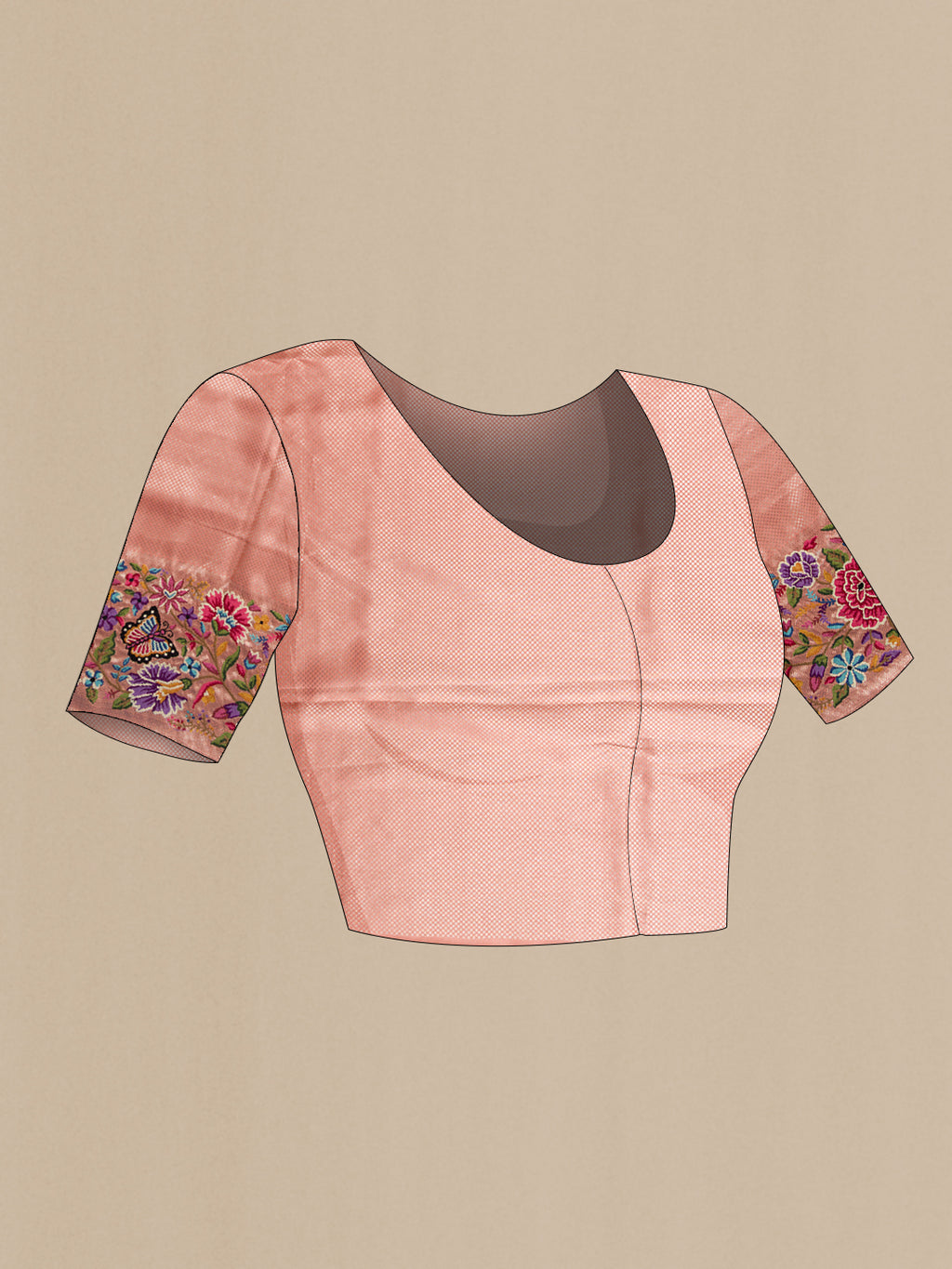 Close up image of the blouse of Brown Dual Tone Kanjivaram Silk Saree with Zari Brocade on the body and Embroidery Border. 