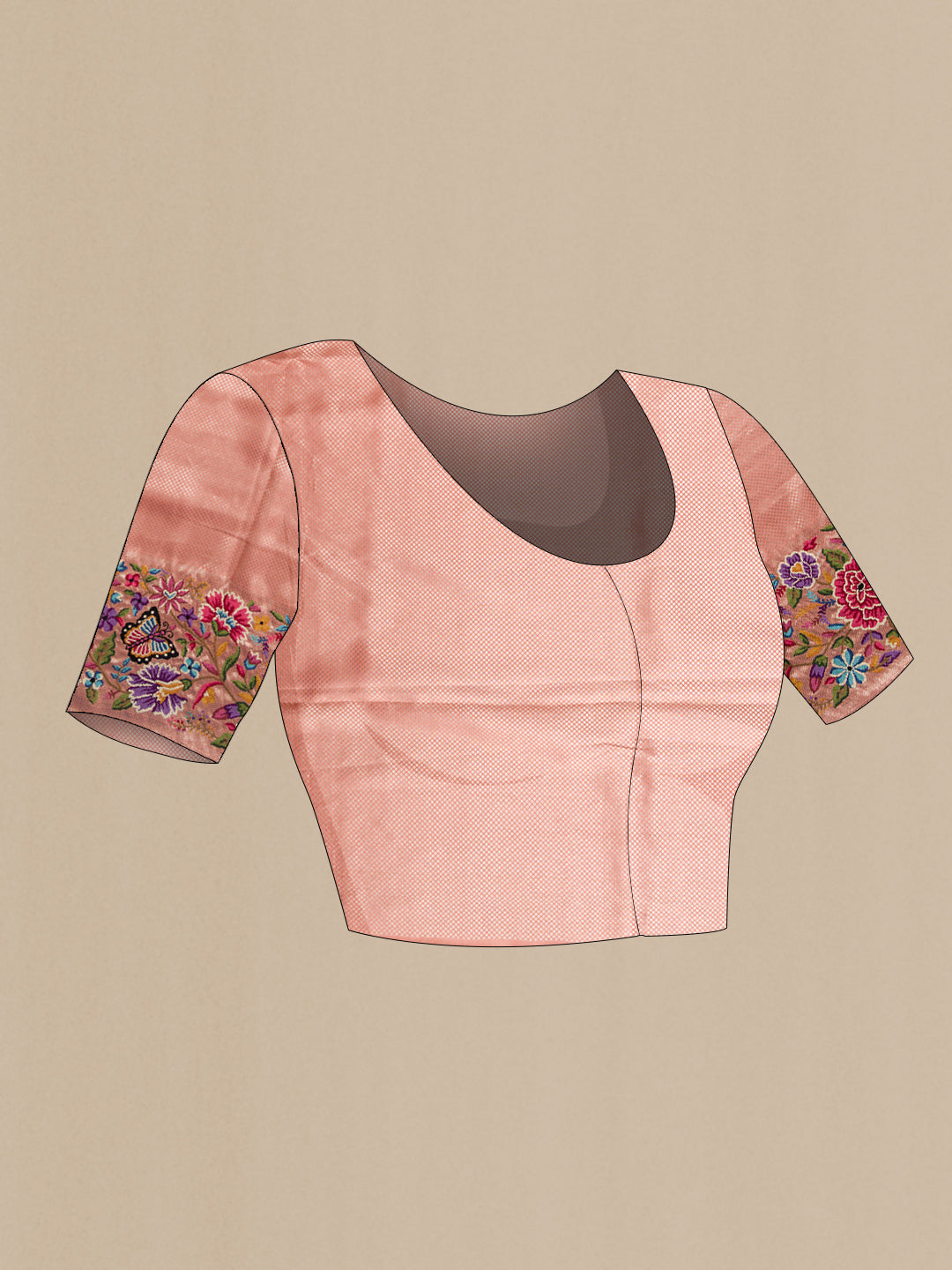 Close up image of the blouse of Brown Dual Tone Kanjivaram Silk Saree with Zari Brocade on the body and Embroidery Border. 