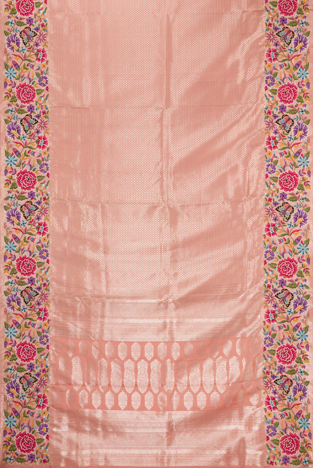 Flat view of Brown Dual Tone Kanjivaram Silk Saree with Zari Brocade on the body and Embroidery Border. 