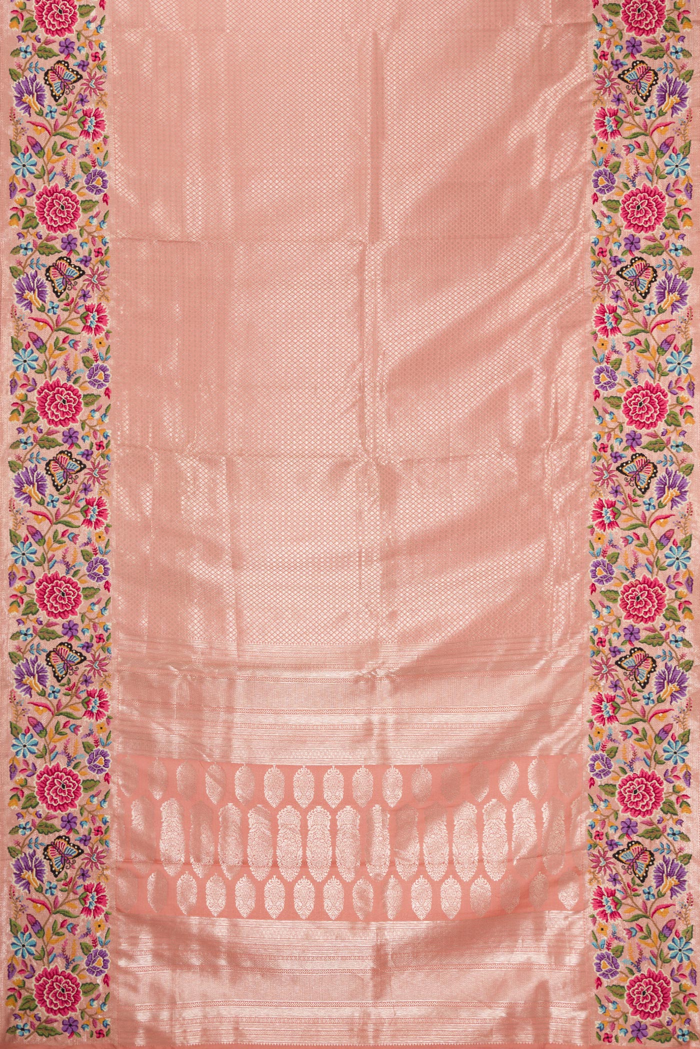 Flat view of Brown Dual Tone Kanjivaram Silk Saree with Zari Brocade on the body and Embroidery Border. 
