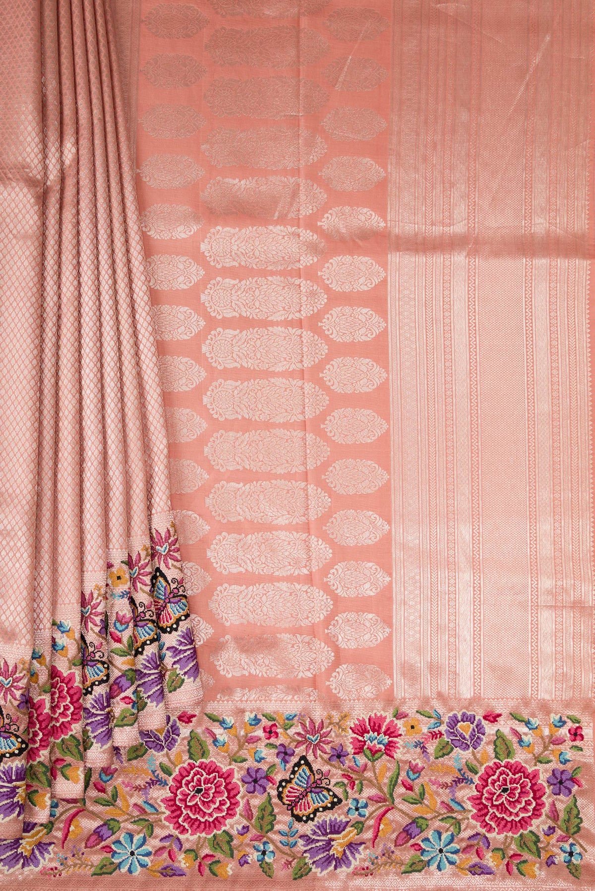 Pleats and pallu of Brown Dual Tone Kanjivaram Silk Saree with Zari Brocade on the body and Embroidery Border. 
