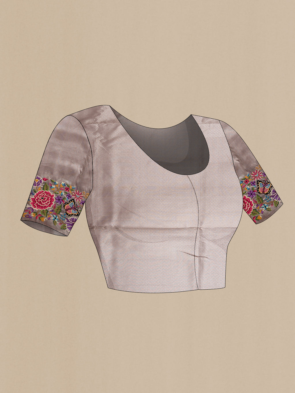 Close up image of the blouse of Grey Kanjivaram Silk Saree with Zari Brocade on the body and Embroidery Border. 