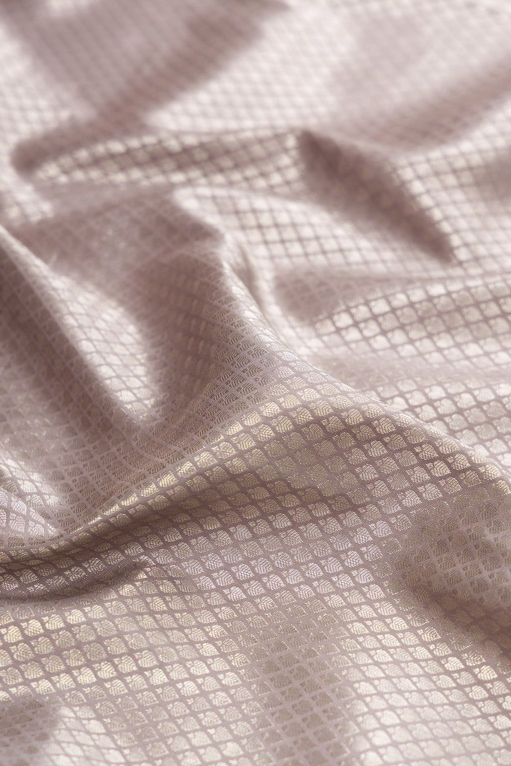 Close up of Grey Kanjivaram Silk Saree with Zari Brocade on the body and Embroidery Border.  displaying folds