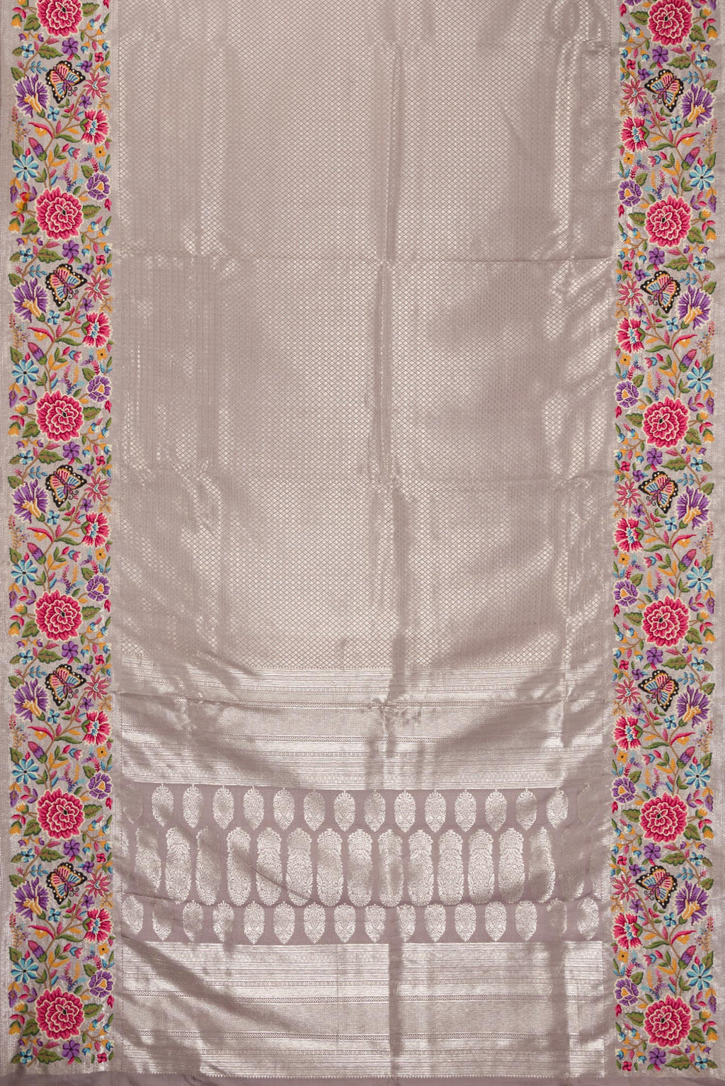 Flat view of Grey Kanjivaram Silk Saree with Zari Brocade on the body and Embroidery Border. 