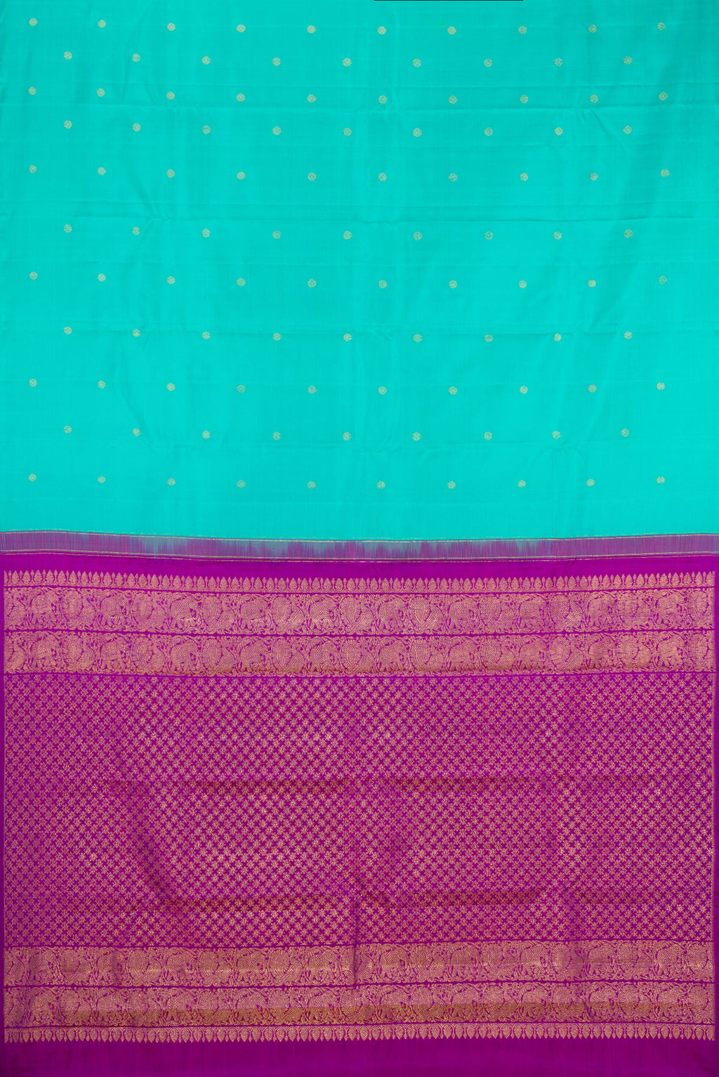 Flat view of Turquoise Kanchipuram Silk Saree with Zari Butta on the body and Without Border. 
