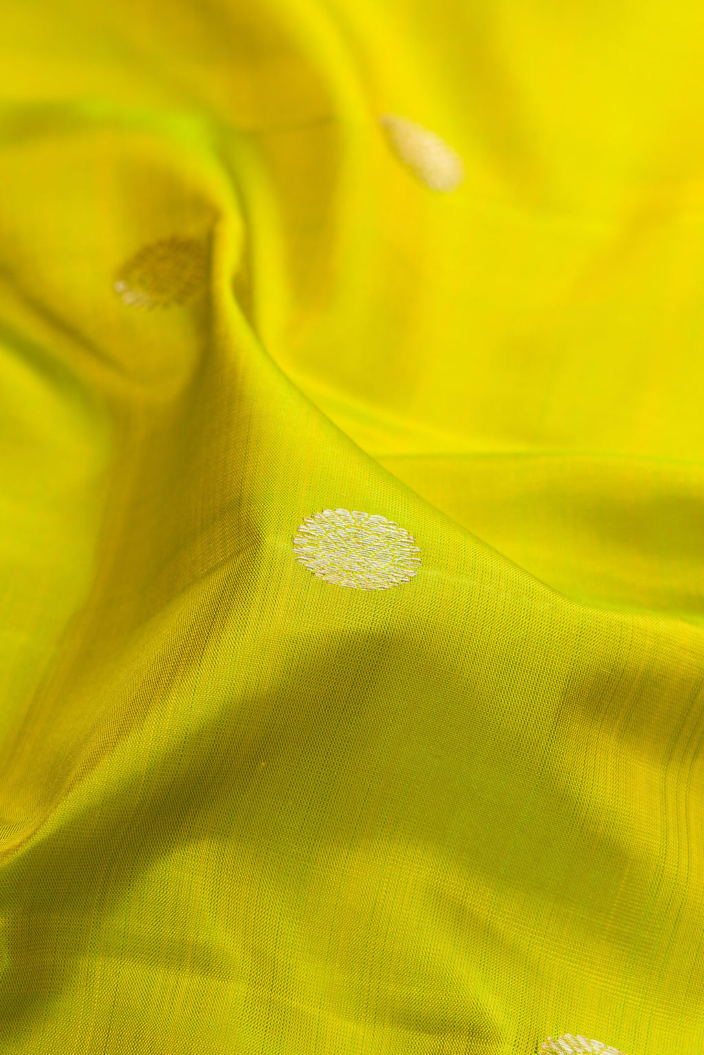 Close up of Parrot Green Kanjivaram Silk Saree with Zari Butta on the body and Zari Border.  displaying folds