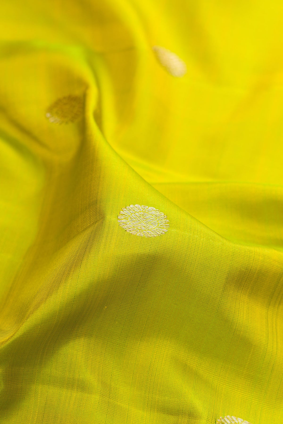 Close up of Parrot Green Kanjivaram Silk Saree with Zari Butta on the body and Zari Border.  displaying folds