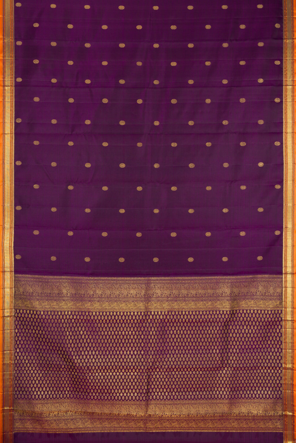 Flat view of Violet Kanjivaram Silk Saree with Zari Butta on the body and Zari Border. 