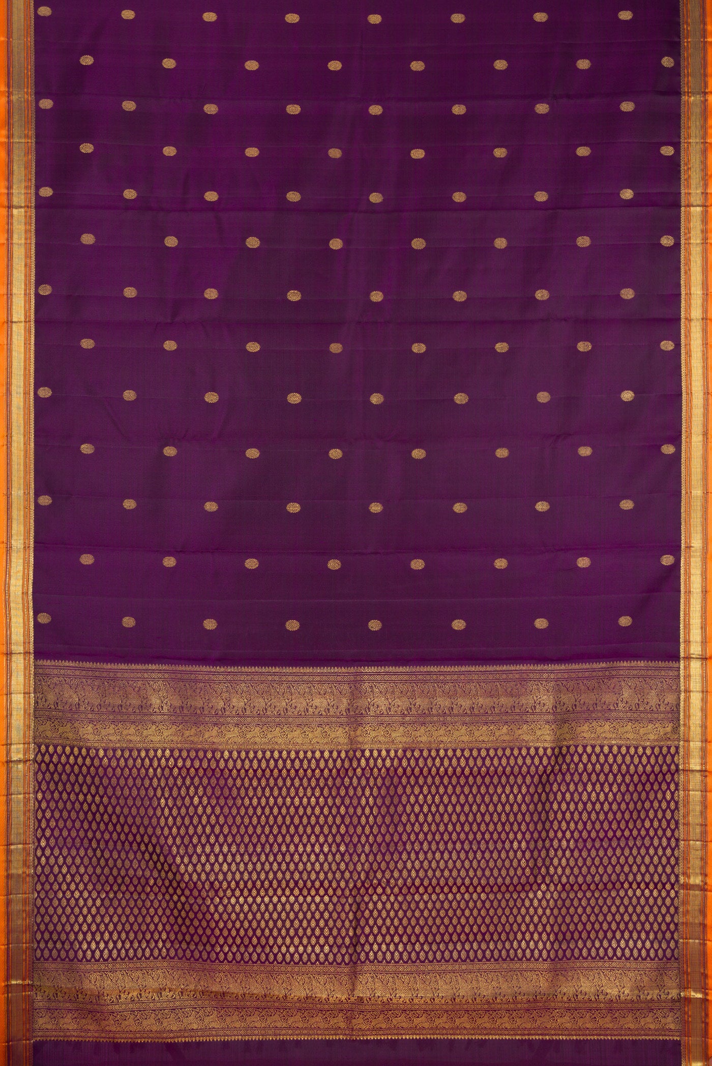 Flat view of Violet Kanjivaram Silk Saree with Zari Butta on the body and Zari Border. 