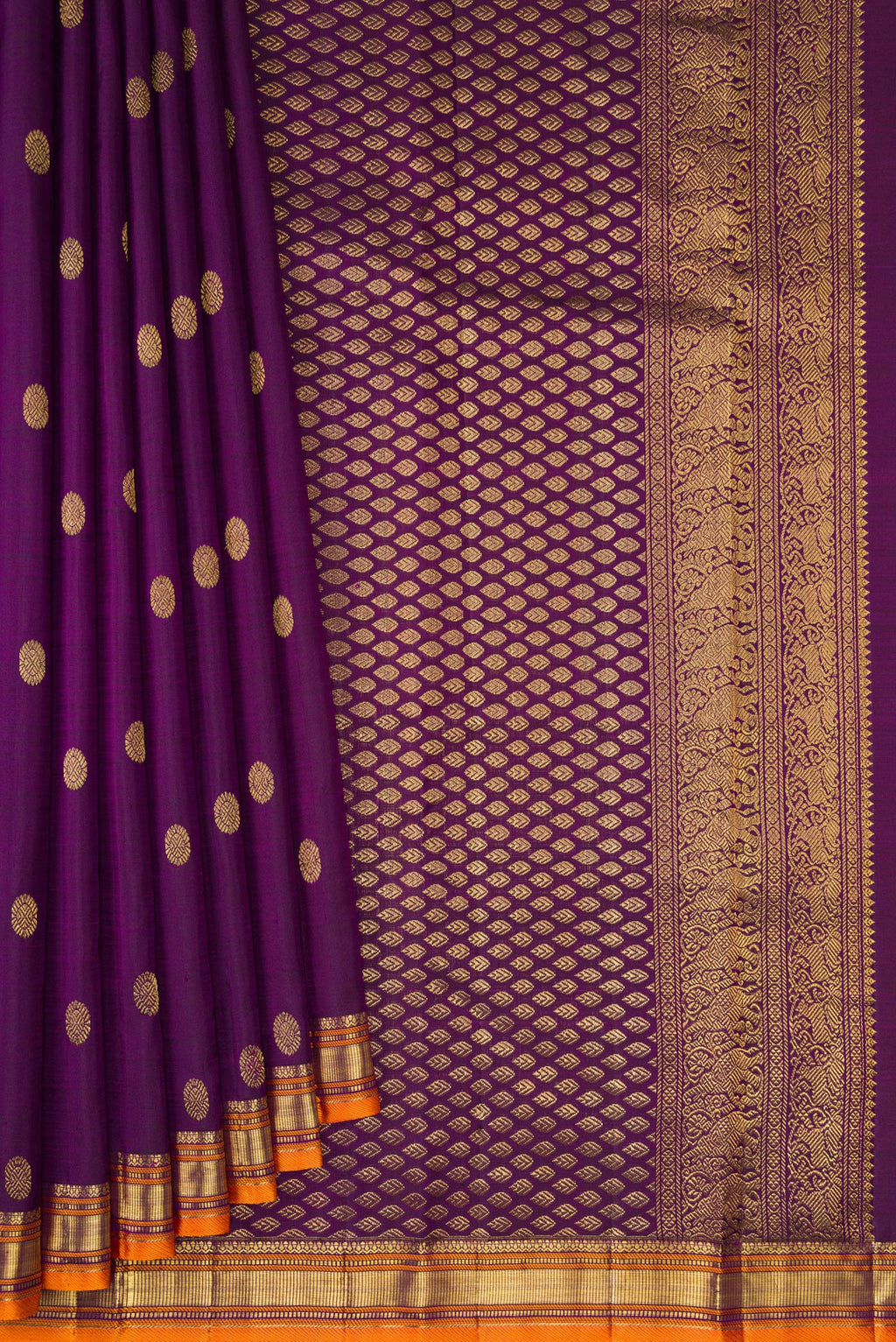 Pleats and pallu of Violet Kanjivaram Silk Saree with Zari Butta on the body and Zari Border. 
