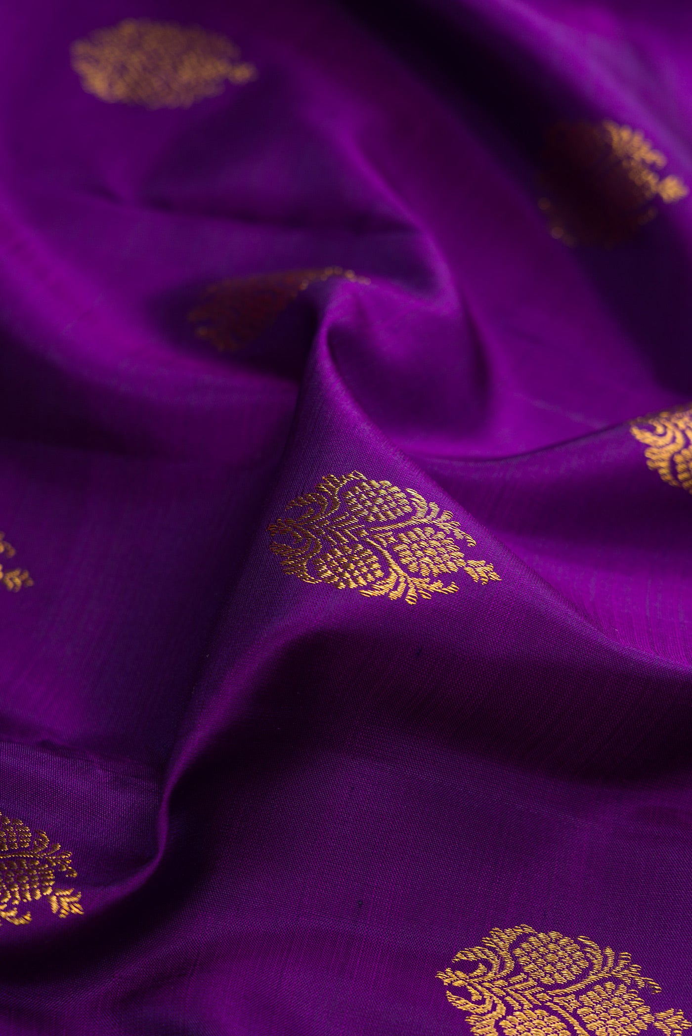 Close up of Violet Kanjivaram Silk Saree with Zari Butta on the body and Zari Border.  displaying folds