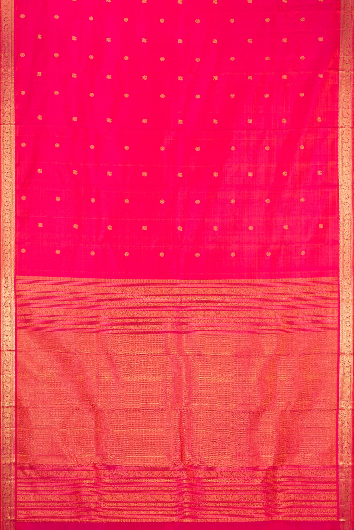 Flat view of Pink Dual Tone Kanjivaram Silk Saree with Zari Butta on the body and Zari Border. 