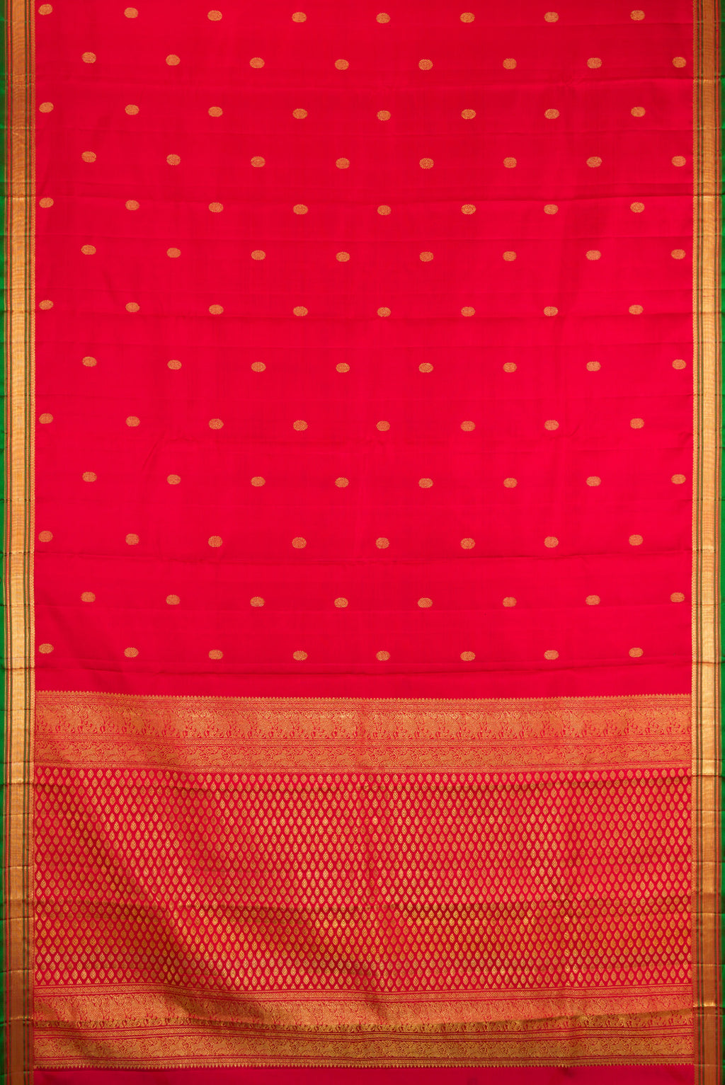 Flat view of Red Kanjivaram Silk Saree with Zari Butta on the body and Zari Border. 