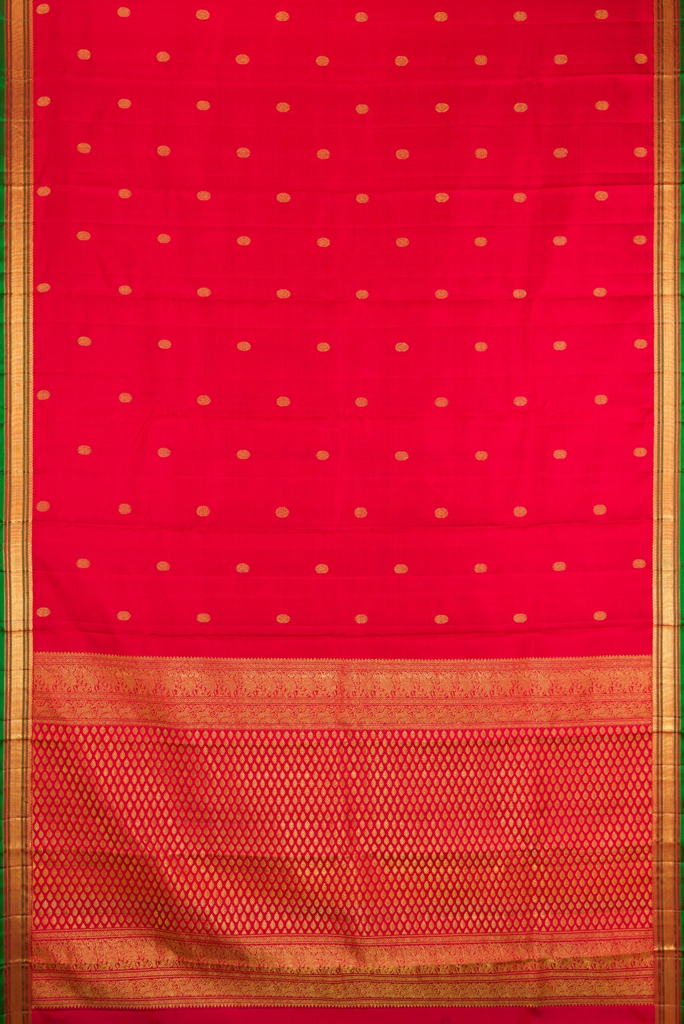 Flat view of Red Kanjivaram Silk Saree with Zari Butta on the body and Zari Border. 