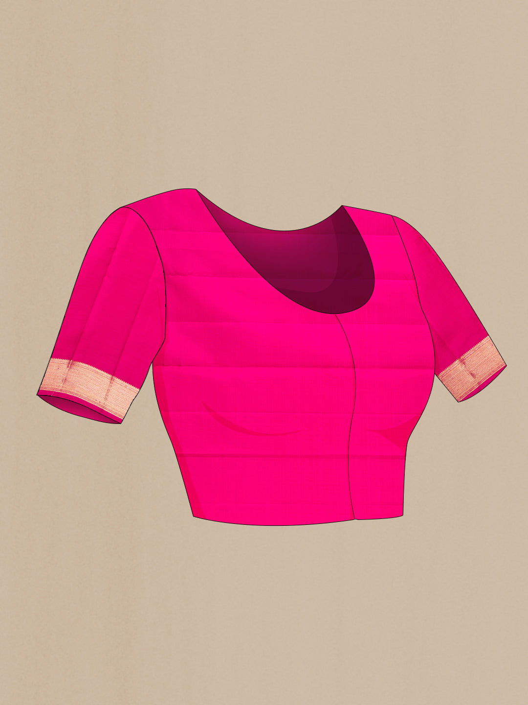 Close up image of the blouse of Pink Kanjivaram Silk Saree with Zari Butta on the body and Zari Border. 