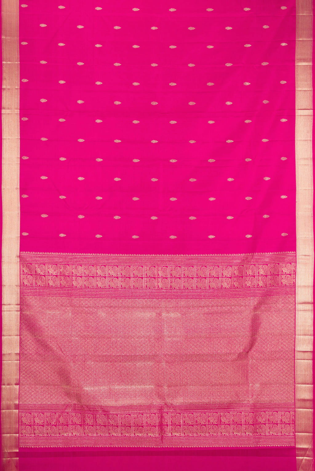 Flat view of Pink Kanjivaram Silk Saree with Zari Butta on the body and Zari Border. 