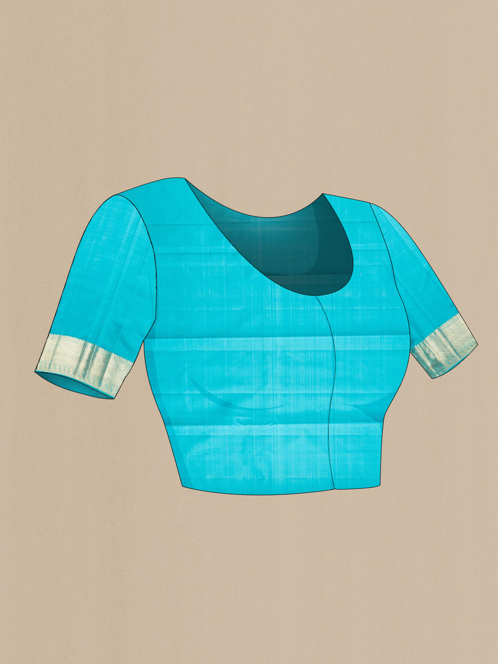 Close up image of the blouse of Light Blue Kanjivaram Silk Saree with Zari Butta on the body and Zari Border. 