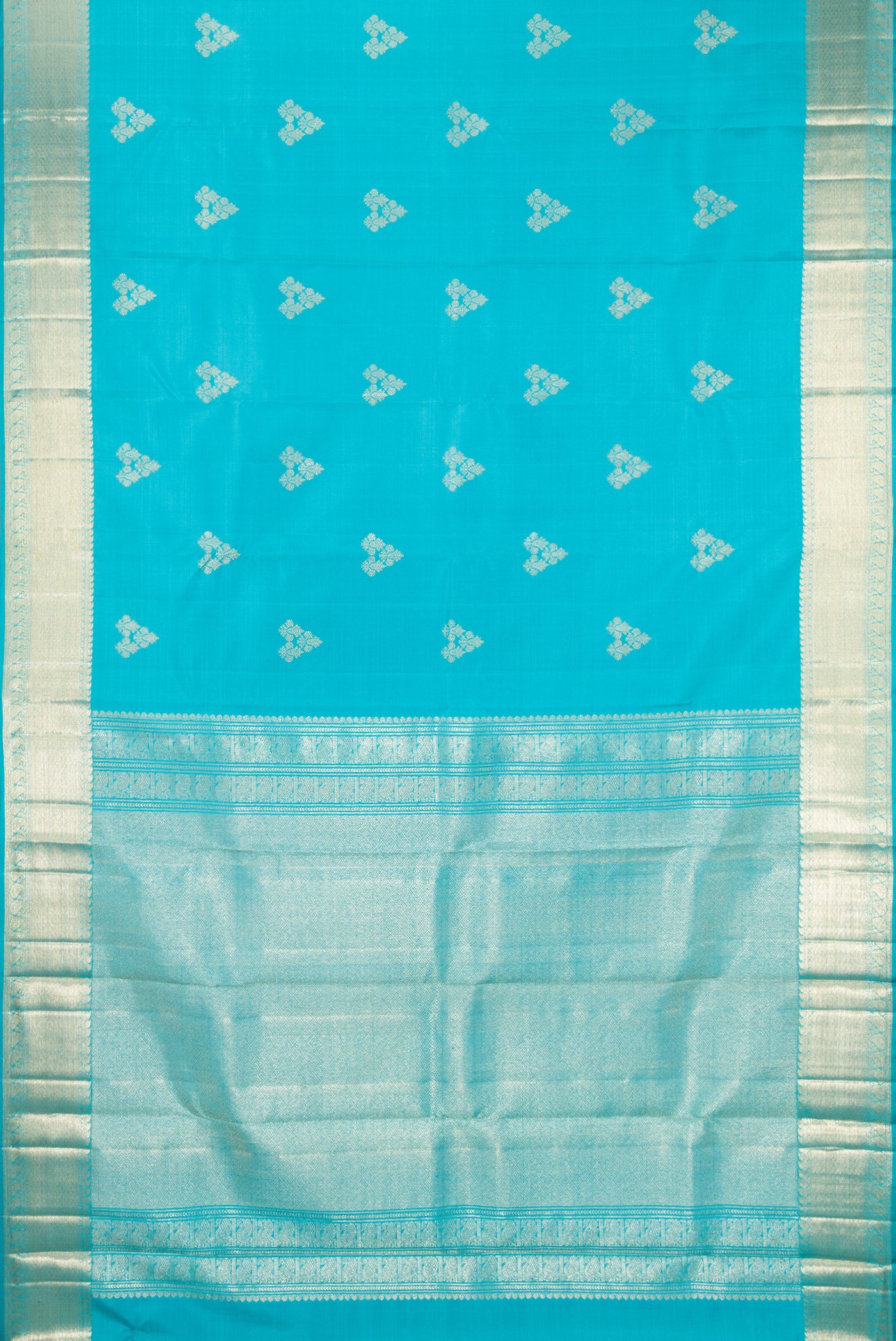 Flat view of Light Blue Kanjivaram Silk Saree with Zari Butta on the body and Zari Border. 