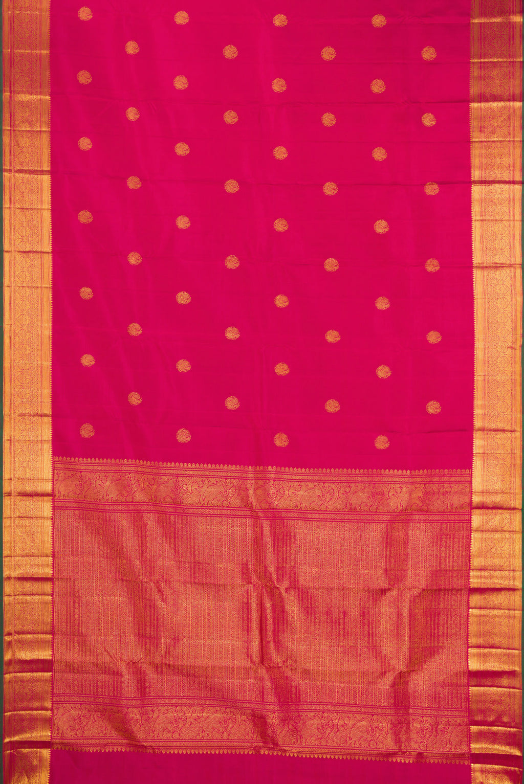 Flat view of Pink Kanjivaram Silk Saree with Zari Butta on the body and Zari Border. 