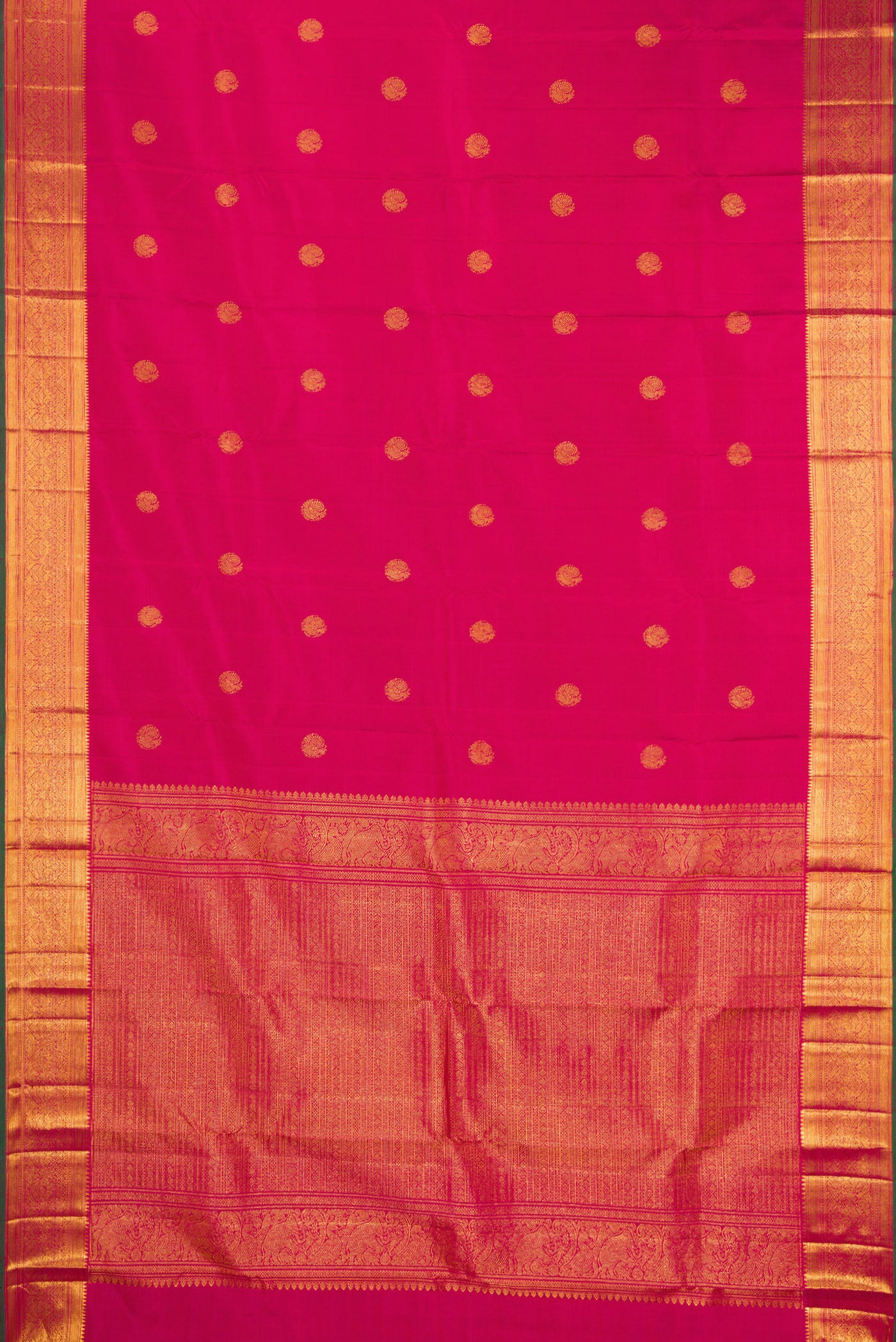 Flat view of Pink Kanjivaram Silk Saree with Zari Butta on the body and Zari Border. 