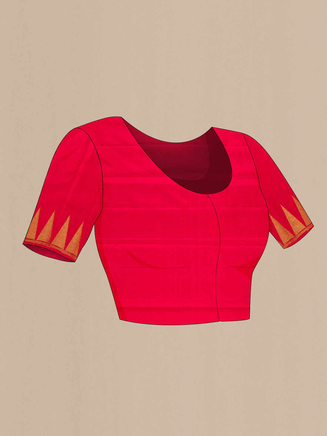 Close up image of the blouse of Red Kanjivaram Silk Saree with Zari Butta on the body and Temple Border. 