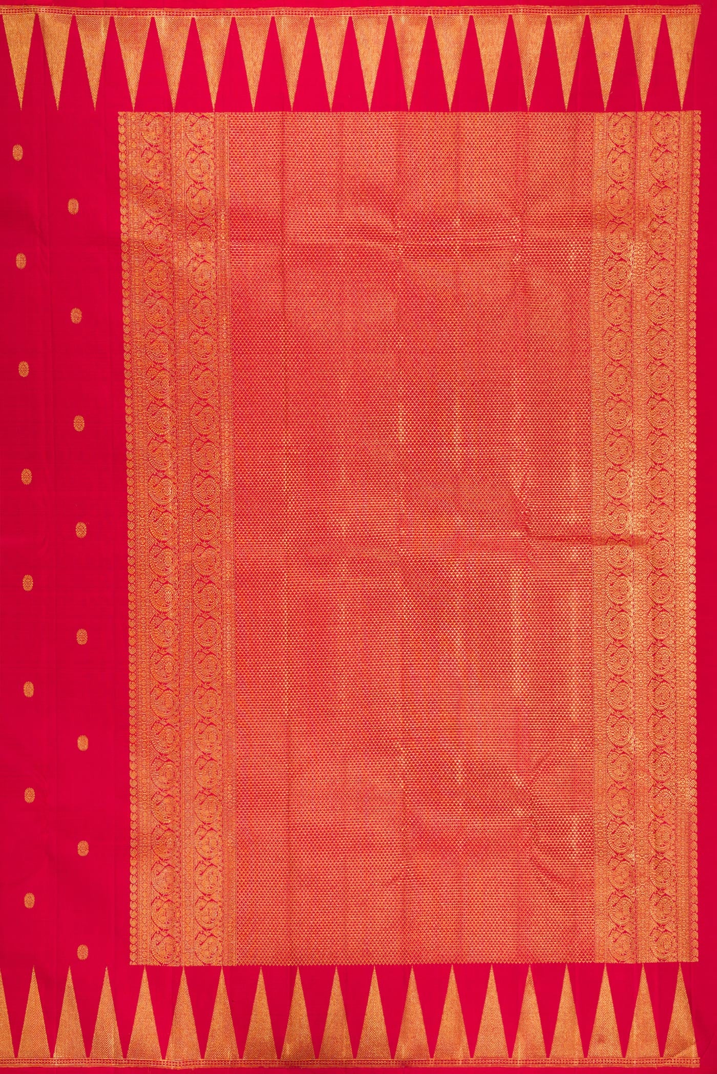 Close up image of the pallu of Red Kanjivaram Silk Saree with Zari Butta on the body and Temple Border. 