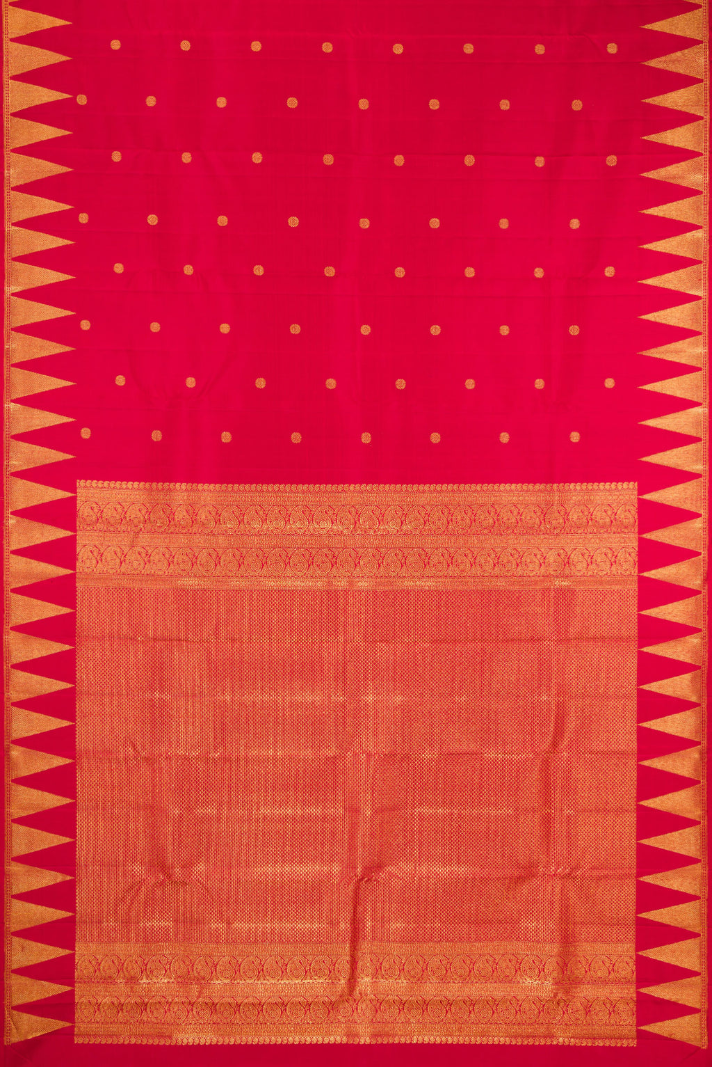 Flat view of Red Kanjivaram Silk Saree with Zari Butta on the body and Temple Border. 