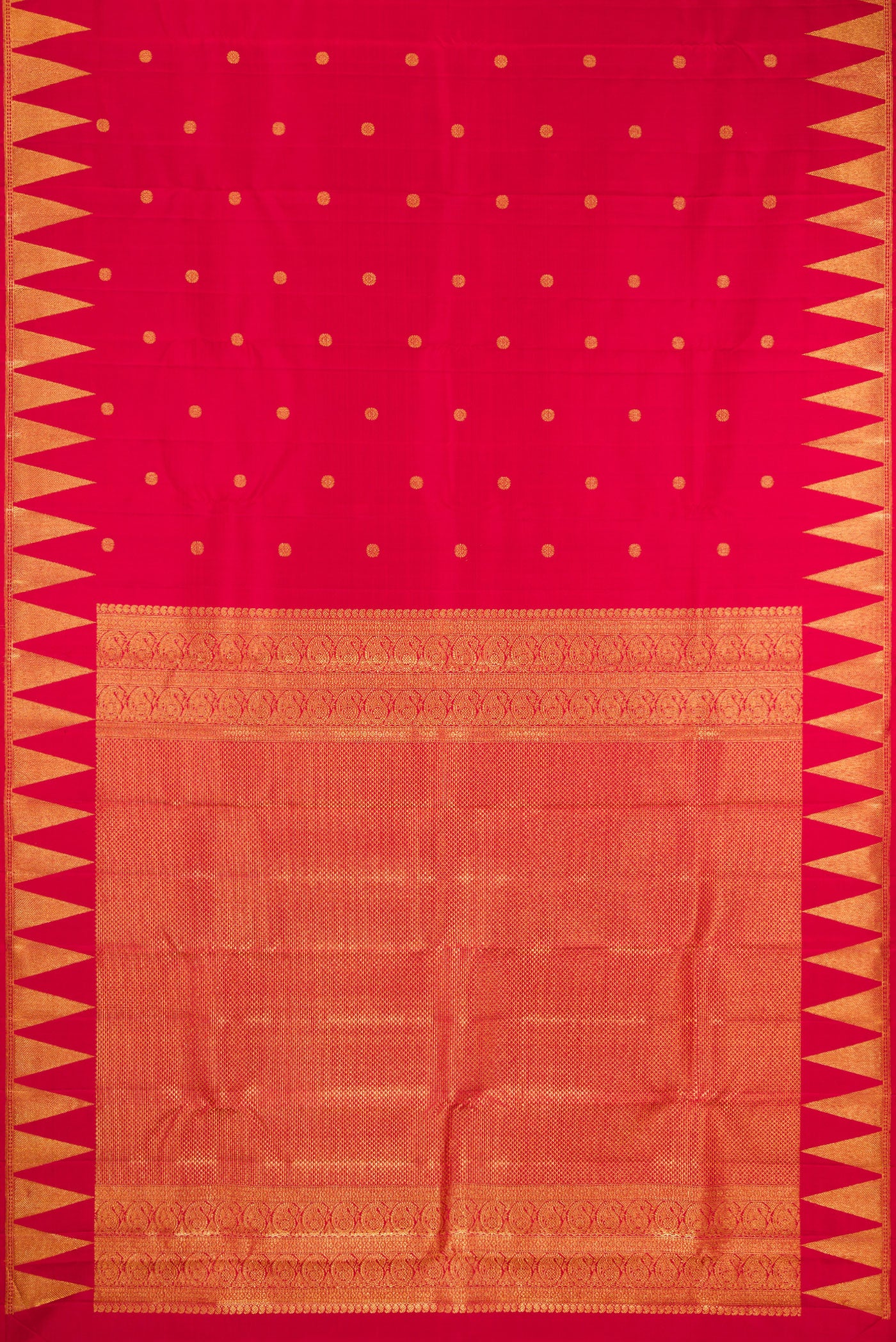 Flat view of Red Kanjivaram Silk Saree with Zari Butta on the body and Temple Border. 
