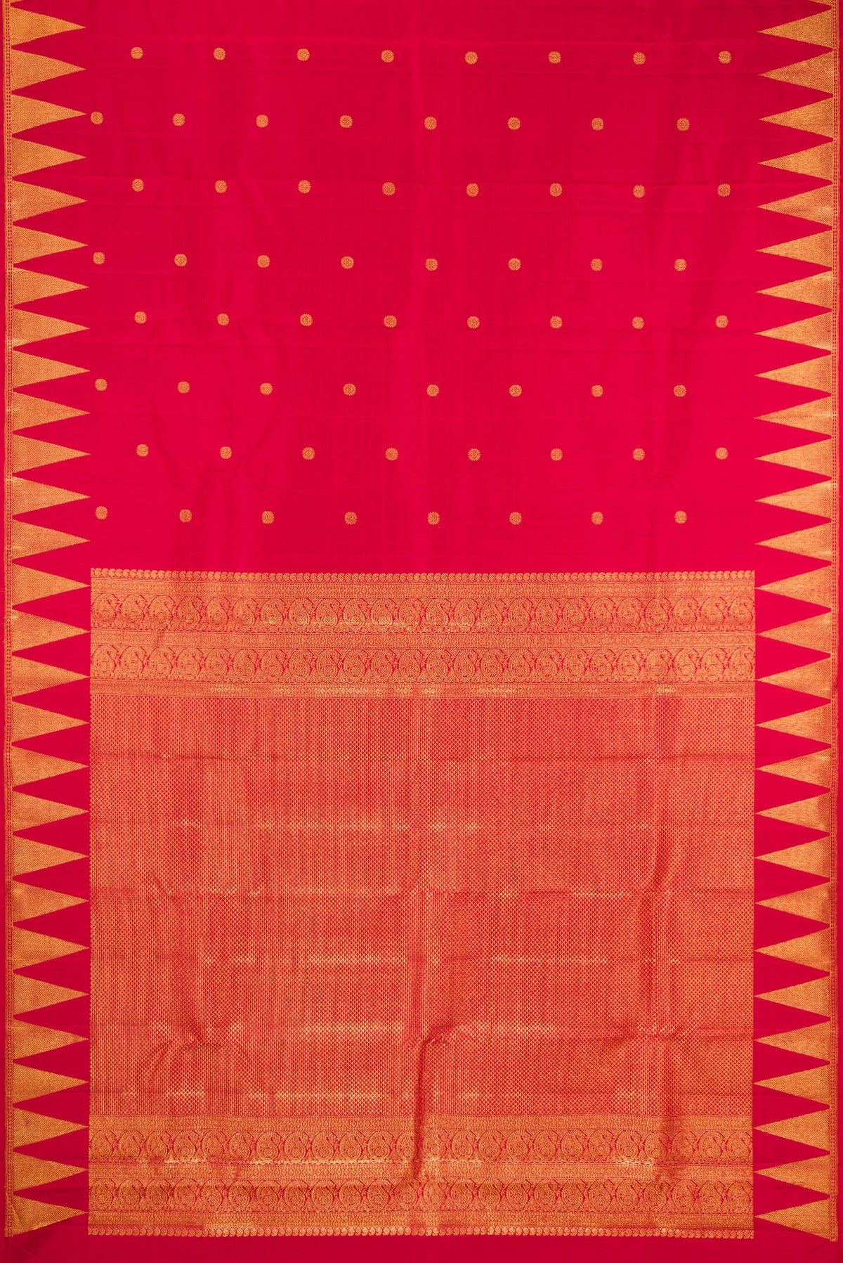 Flat view of Red Kanjivaram Silk Saree with Zari Butta on the body and Temple Border. 