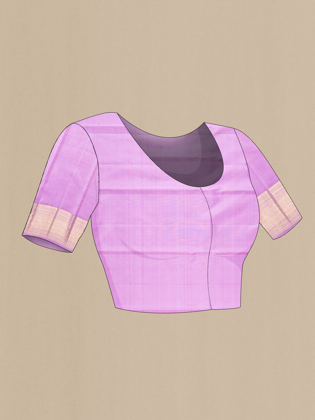 Close up image of the blouse of Pure Silk Lavender Kanchipuram Saree with Zari Brocade on the body and Zari Border. 