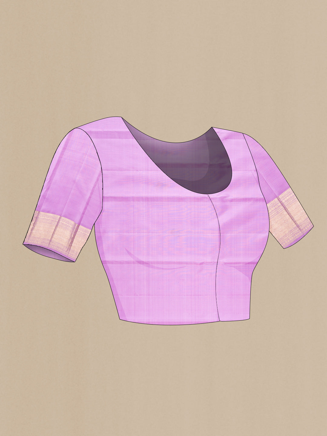Close up image of the blouse of Pure Silk Lavender Kanchipuram Saree with Zari Brocade on the body and Zari Border. 