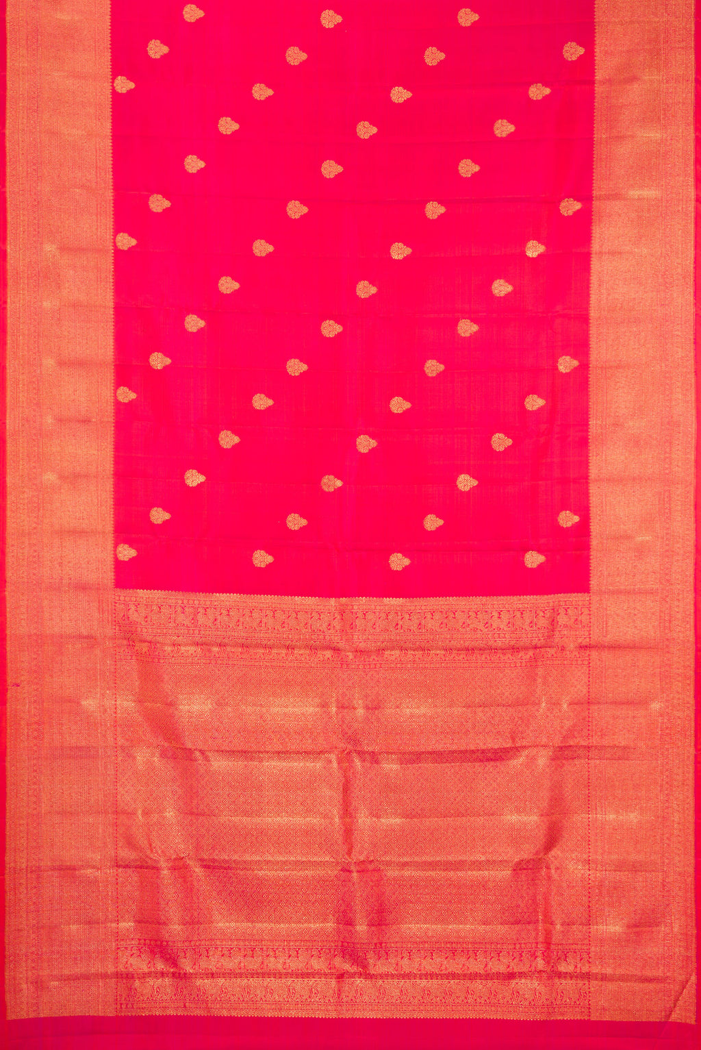 Flat view of Pink Kanchipuram Silk Saree with Zari Butta on the body and Zari Border. 