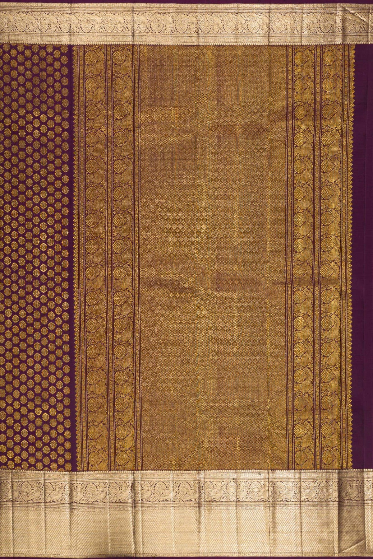 Close up image of the pallu of Pure Silk Burgundy Dual Tone Kanchipuram Saree with Zari Brocade on the body and Zari Border. 